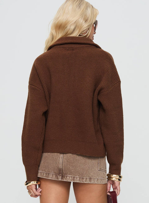 back view of model wearing Princess Polly Too Busy Zip Up Sweater Chocolate Cropped 