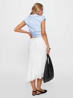 back view of model wearing Princess Polly Mathylda Asymmetrical Lace Maxi Skirt White Midi Skirts Midi Skirts 