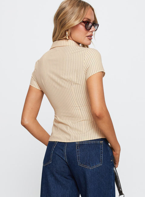 back view of model wearing Princess Polly Lift Off Button Up Top Cream / Navy Stripe Short Sleeves V-Neck 