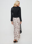 Maxi skirt Slim fit, floral print, elasticated waistband Good stretch, unlined  Princess Polly Lower Impact 