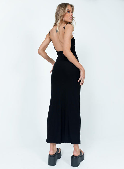 Black maxi dress Mesh material  Adjustable shoulder straps  Low back 