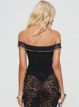 Bodysuit Off the shoulder style, frill detail at bust, high cut leg, cheeky bottom, press clip fastening at base Good stretch, fully lined  Princess Polly Lower Impact 
