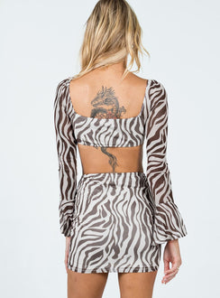 Matching set  Slim fitting  Princess Polly Exclusive 95% polyester 5% elastane  Length of size US 4 / AU 8 waist to hem: 43cm / 16.9"   Zebra print  Mesh material  Long sleeve crop top  Wired cups  High waisted mini skirt  Elasticated waistband 