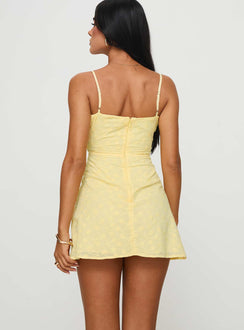 back view of model wearing Princess Polly Lucius Mini Dress Lemon Sweetheart Neckline 