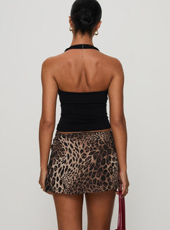 back view of model wearing Princess Polly Tejano Mini Skirt Leopard Tall Mini Skirts 