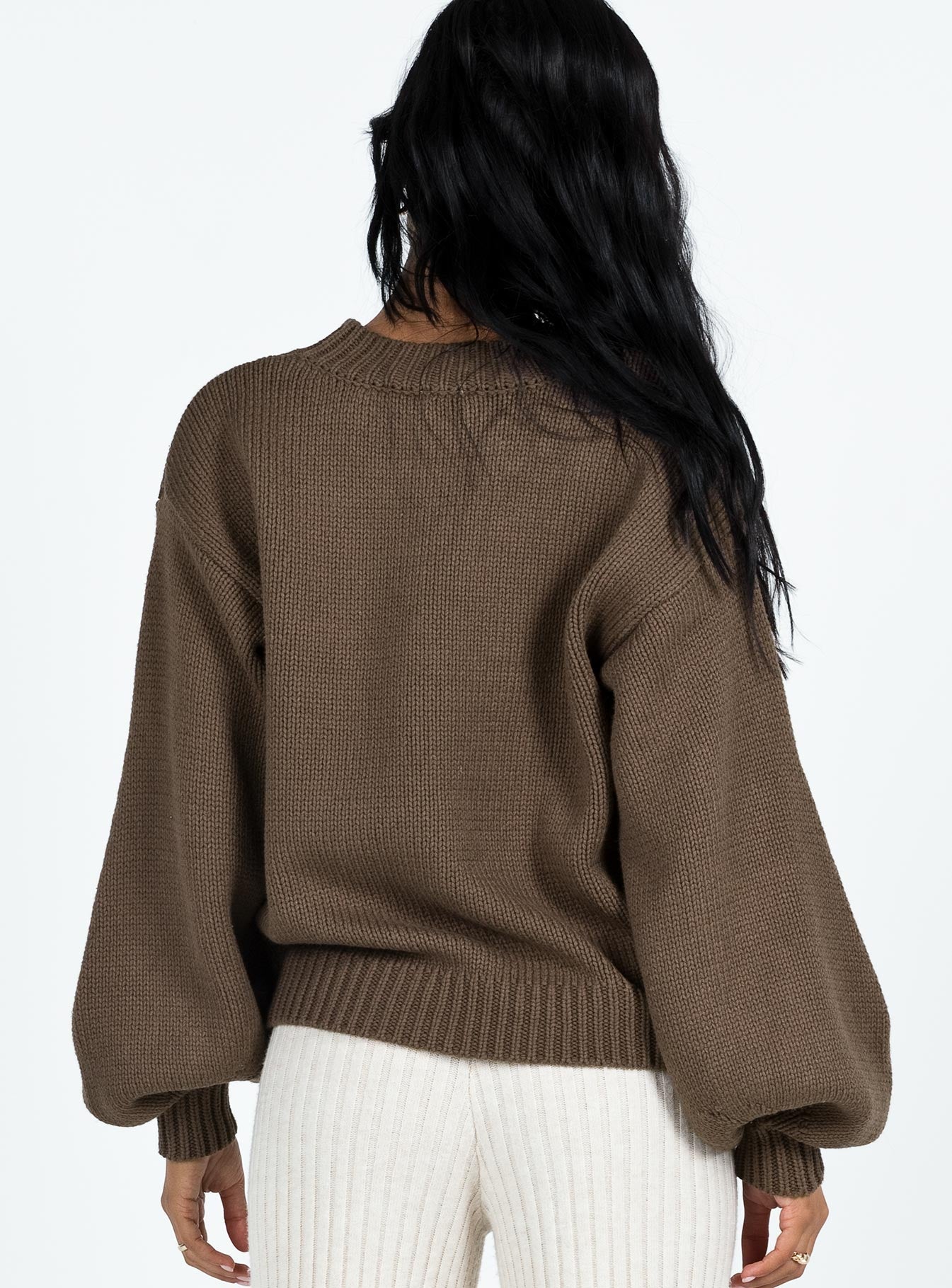 Front view of model wearing  front Harmony Knit Sweater Dark Brown Princess Polly  Long 