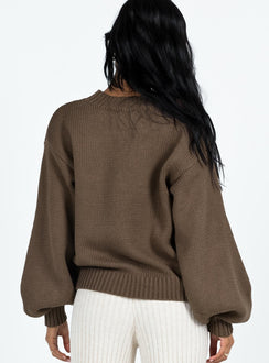 Front view of model wearing  front Harmony Knit Sweater Dark Brown Princess Polly  Long 