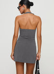 Mini dress Halter style, v neckline, faux twin hip pockets, button fastening  Non-stretch material, unlined 