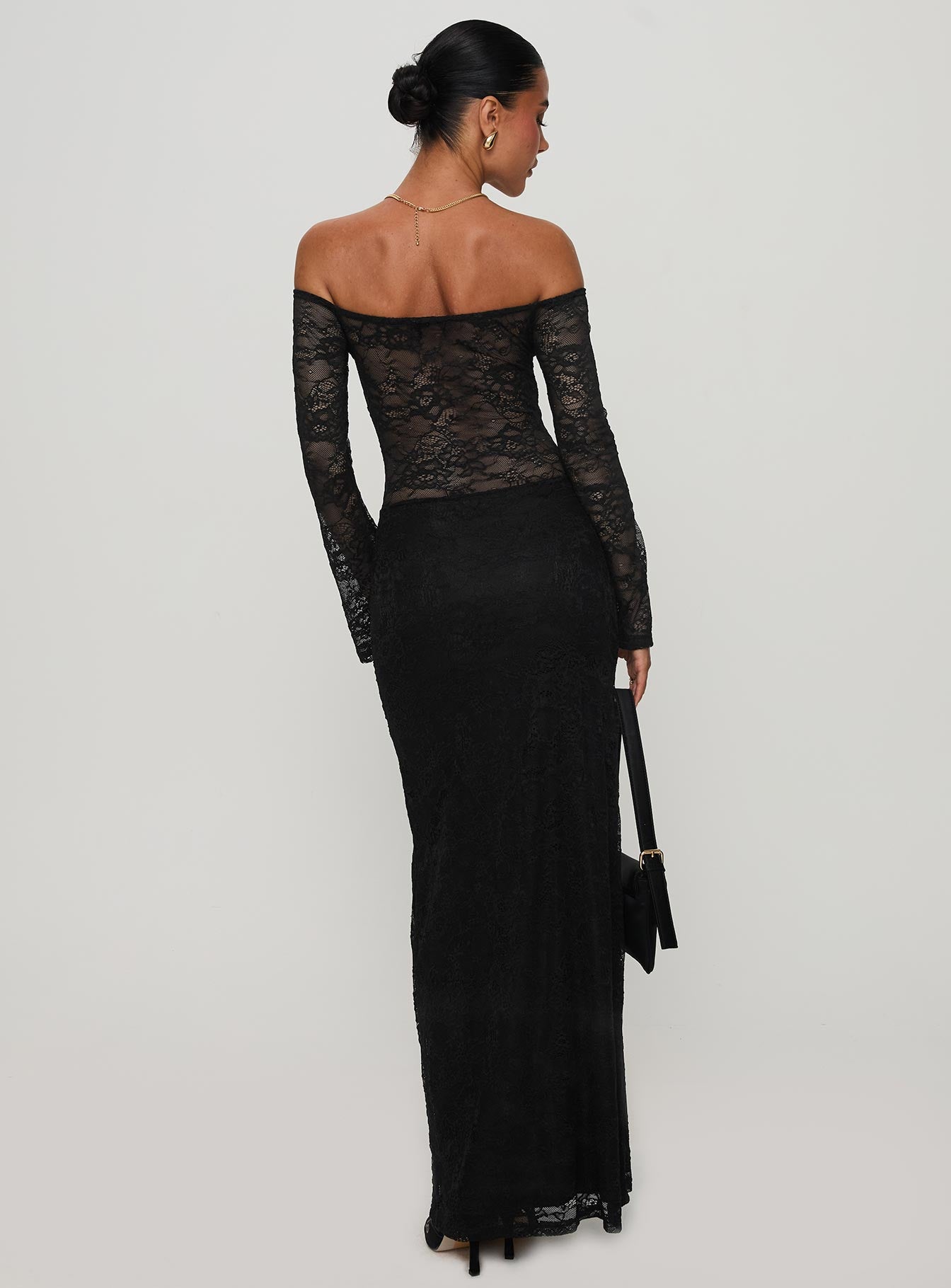 back view of model wearing Princess Polly Pinot Grigio Long Sleeve Lace Maxi Dress Black Straight Neck 