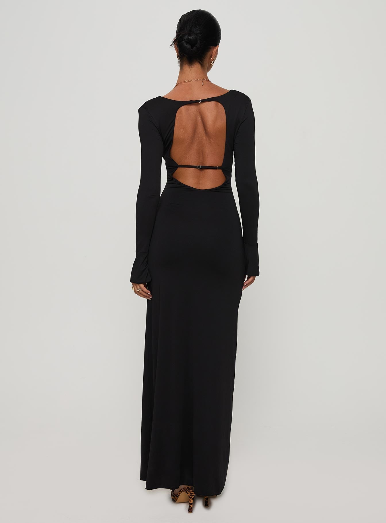 back view of model wearing Princess Polly Lezure Plunge Long Sleeve Maxi Dress Black Plunger 