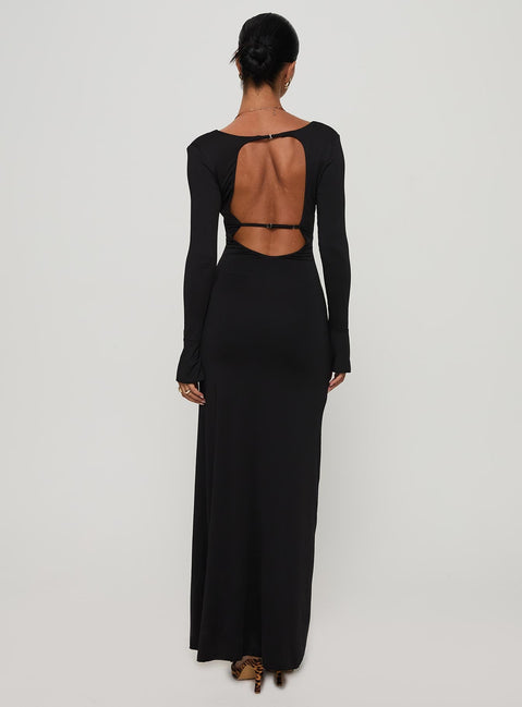 back view of model wearing Princess Polly Lezure Plunge Long Sleeve Maxi Dress Black Plunger 