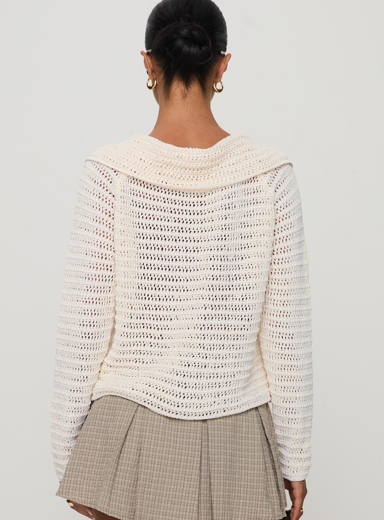 back view of model wearing Princess Polly Tuscon Crochet Sweater White cropped 