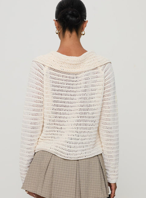 back view of model wearing Princess Polly Tuscon Crochet Sweater White cropped 