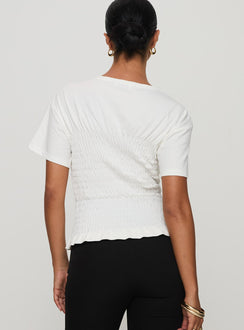 back view of model wearing Princess Polly Maybe Tomorrow Ruched Top White Short Sleeves Crew Neck 