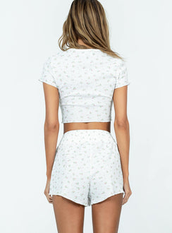 White matching set Waffle material Floral print Crop top Lettuce edge hem Shorts Shirred waistband
