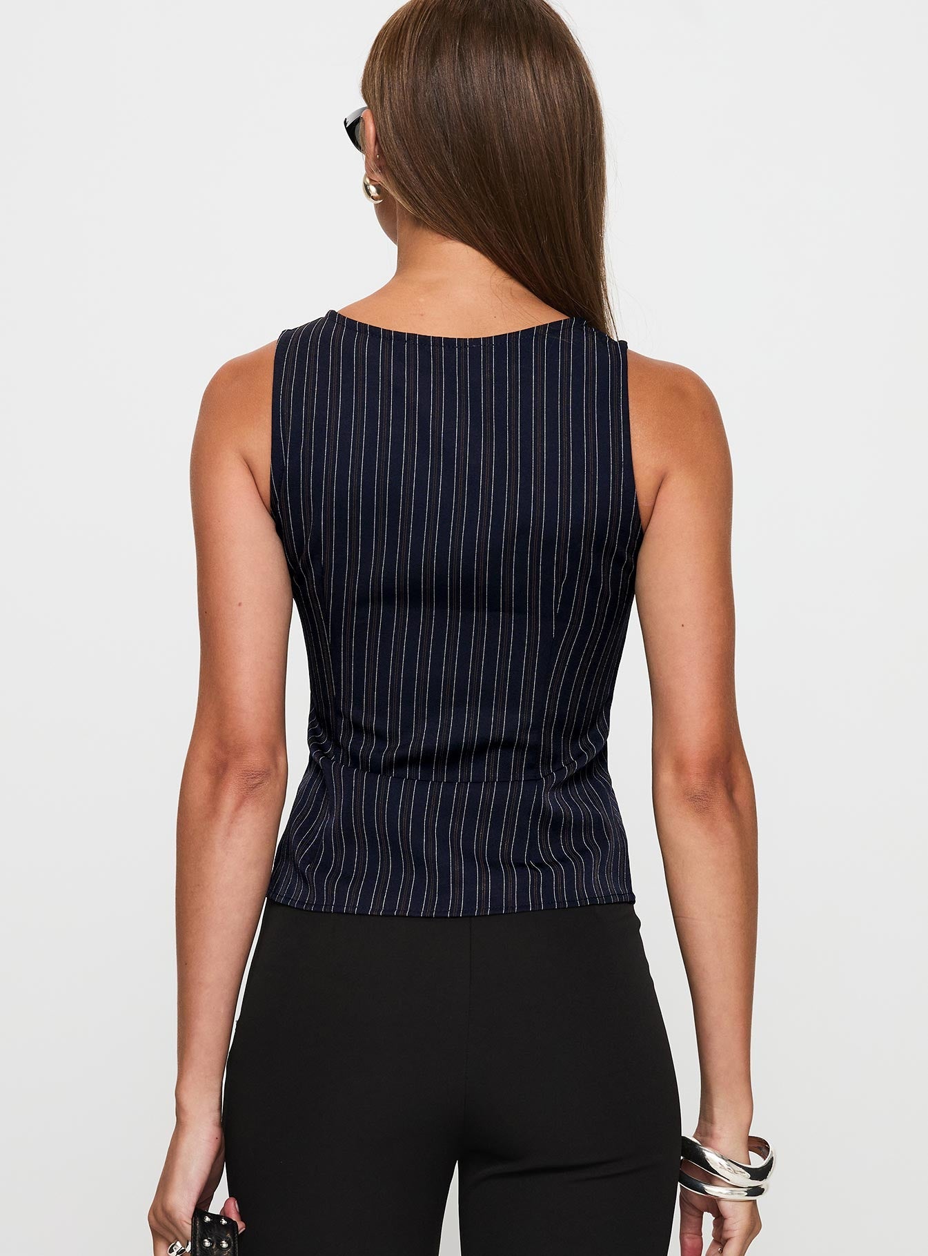 back view of model wearing Princess Polly Running Wild Top Blue Stripe Sleeveless Crew Neck 