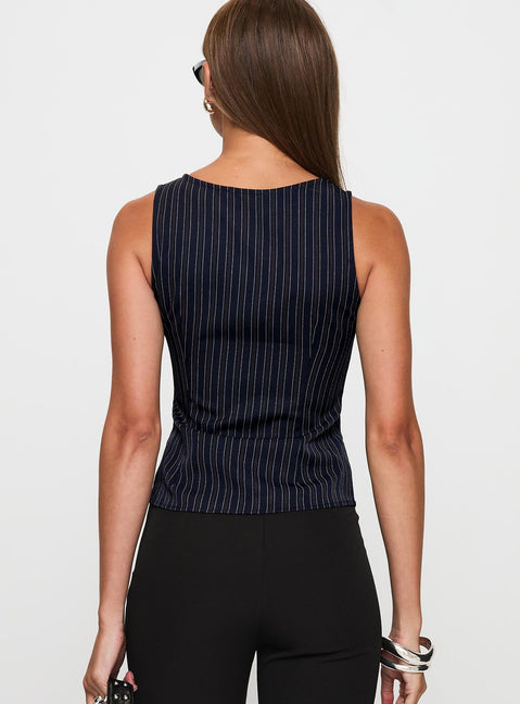 back view of model wearing Princess Polly Running Wild Top Blue Stripe Sleeveless Crew Neck 