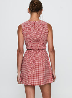 back view of model wearing Princess Polly Winxie Shirred Mini Dress Red Gingham Scoop Neck 