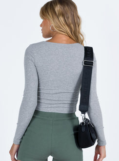 Grey long sleeve top Ribbed material Square neckline Button fastening at front Good stretch Unlined 