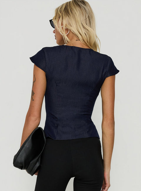 Hazalie Keyhole Detail Cap Sleeve Top Blue Denim