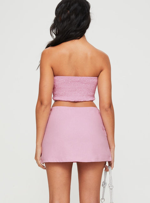 Two piece set Corset top, sweetheart neckline, boning through front, inner silicone strip at bust, shirred band at back, curved hem Mid-rise mini skirt, invisible zip fastening at side