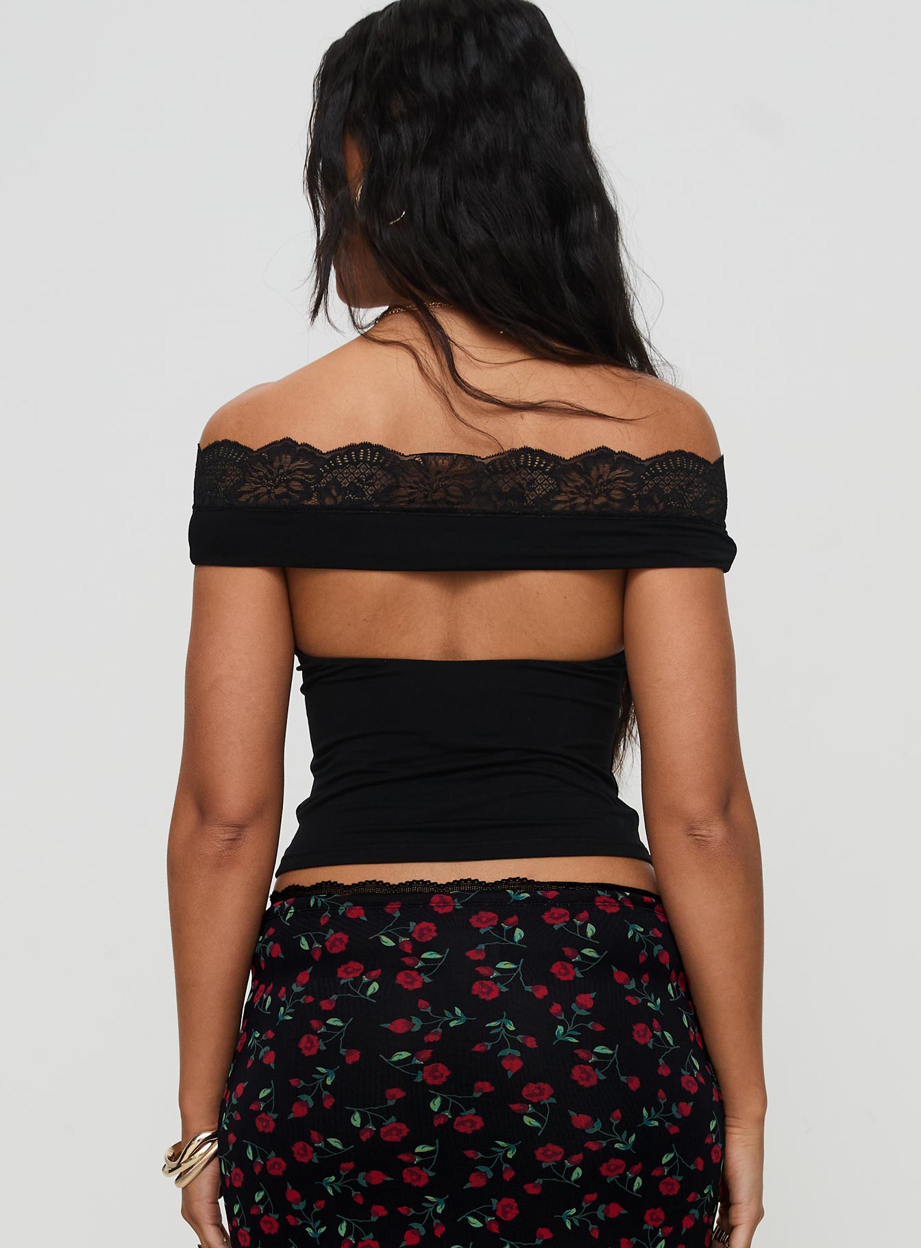 back view of model wearing Princess Polly Amarena Off The Shoulder Lace Top Black Short Sleeves 