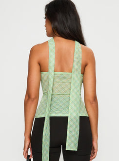 back view of model wearing Princess Polly No Comparison Neck Tie Strapless Top Green Check Sleeveless straight 