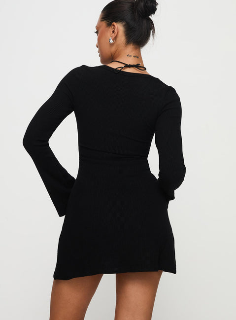 back view of model wearing Princess Polly Best Interest Long Sleeve Mini Dress Black Scoop Neck 