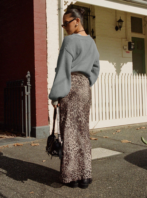 back view of model wearing Princess Polly Manda Maxi Skirt Leopard Maxi 