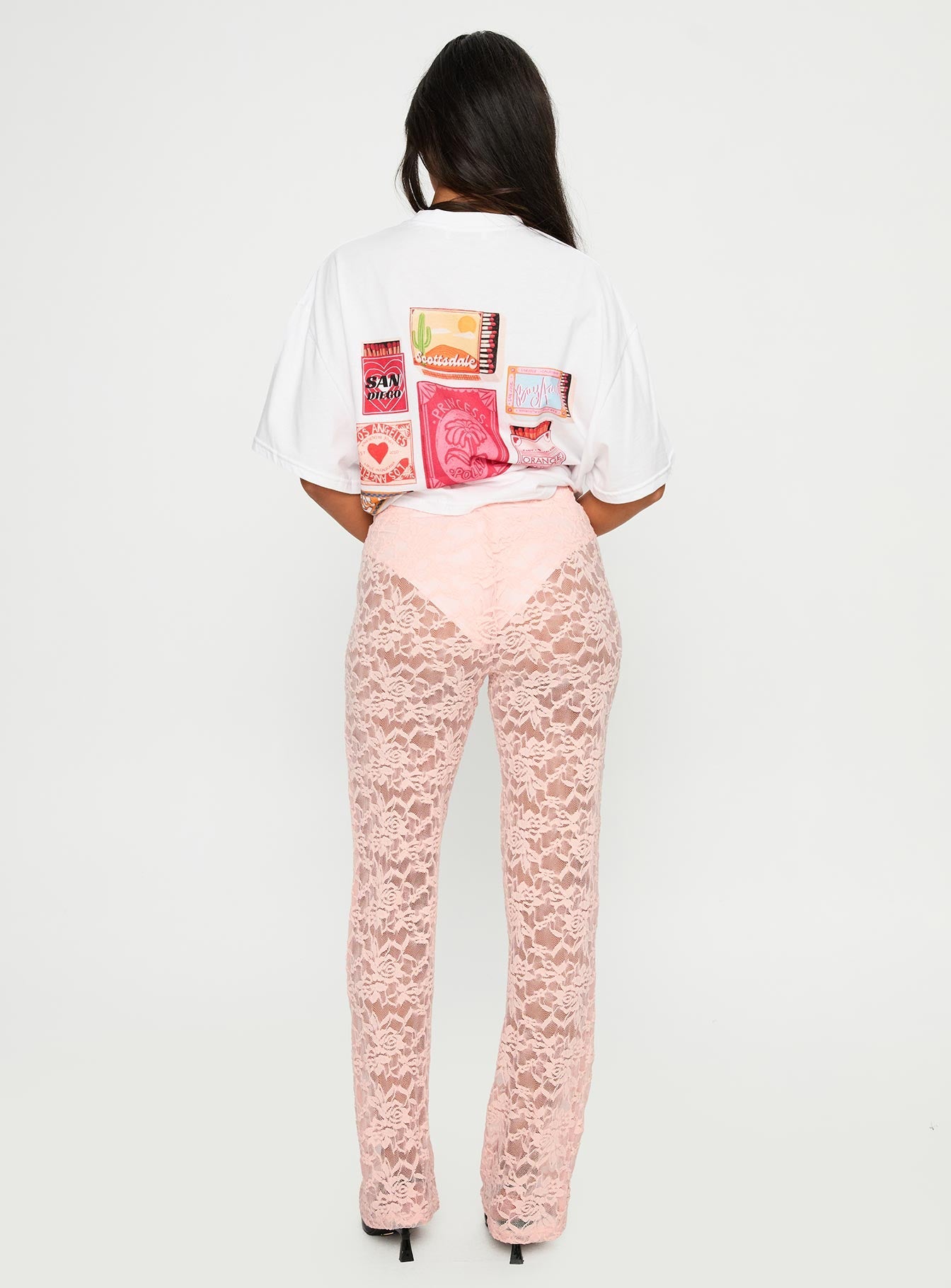 back view of model wearing Princess Polly Peru Lace Pants Pink 