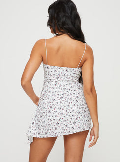Floral mini dress Elasticated shoulder straps, sweetheart neckline, tie fastening at bust, invisible zip fastening at side, adjustable ruching at side