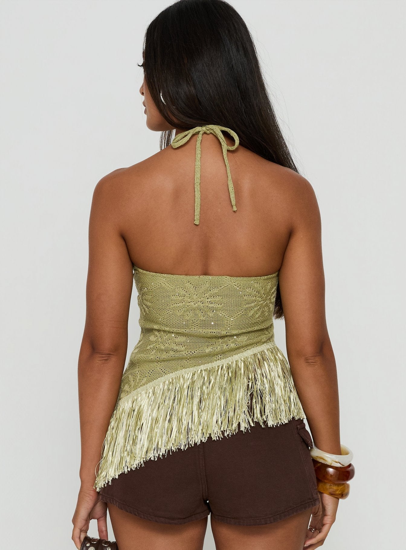 Masina Arrowneck Fringe Detail Top Green
