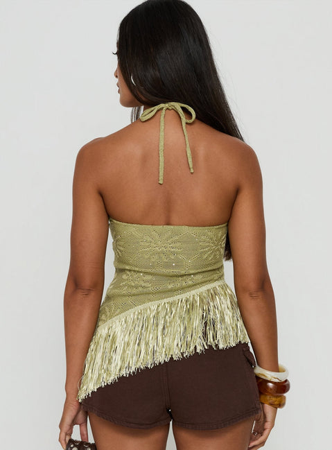 Masina Arrowneck Fringe Detail Top Green