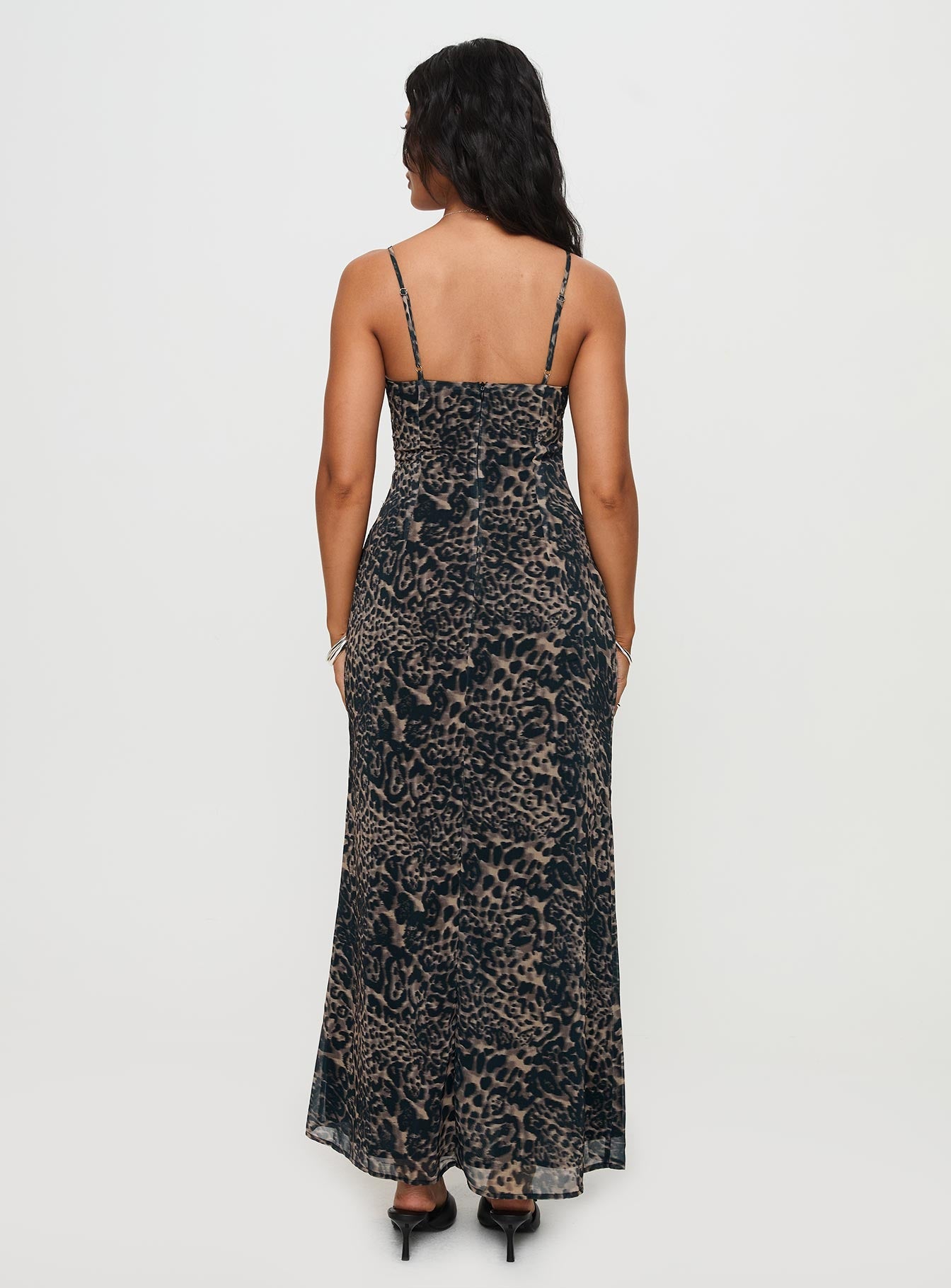 back view of model wearing Princess Polly Rosalba Maxi Dress Leopard Plunger 