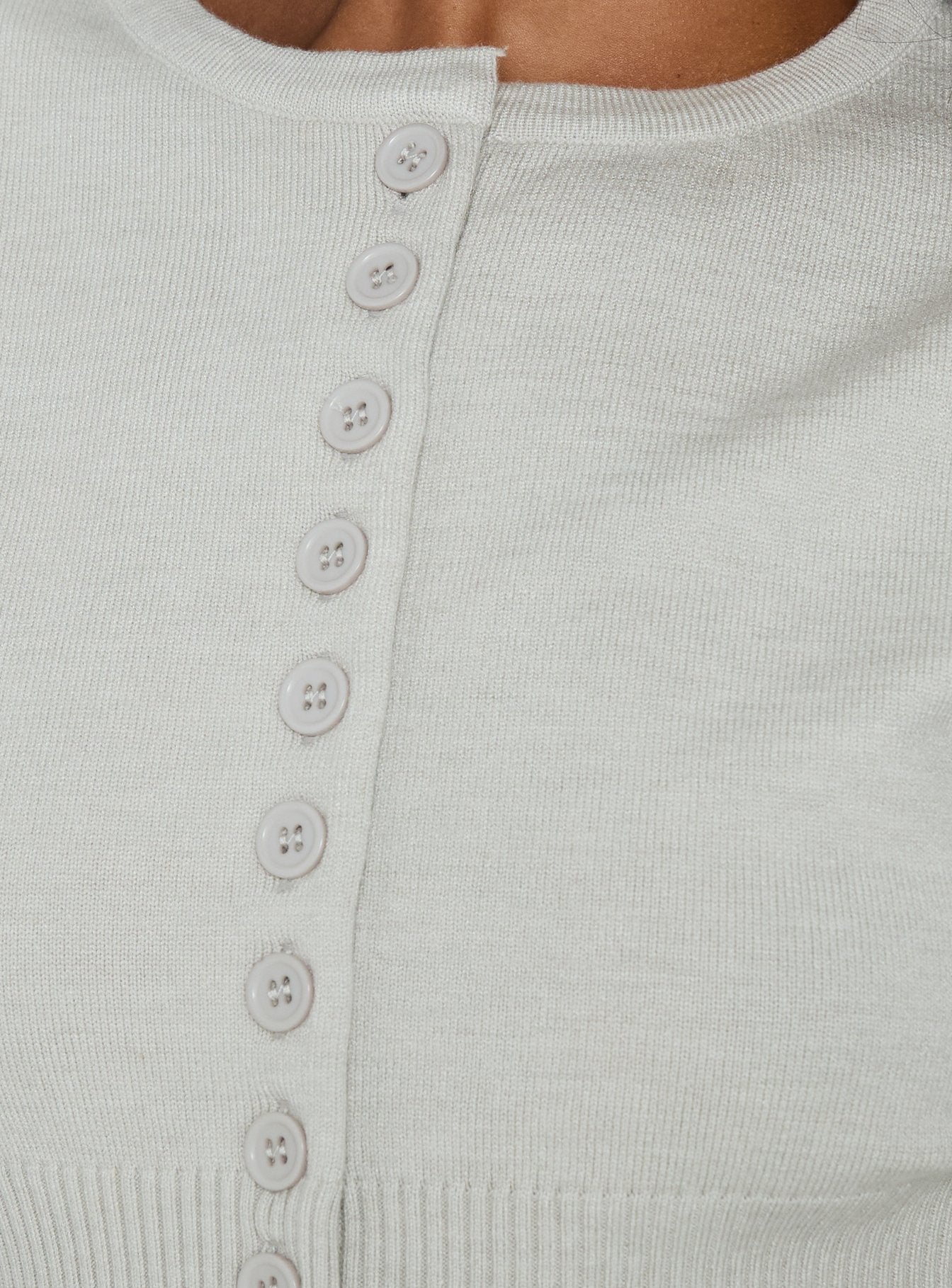 Highlighting the Emerina Cinched Button Down Cardigan Grey womens jumpers in short length detail Princess Polly