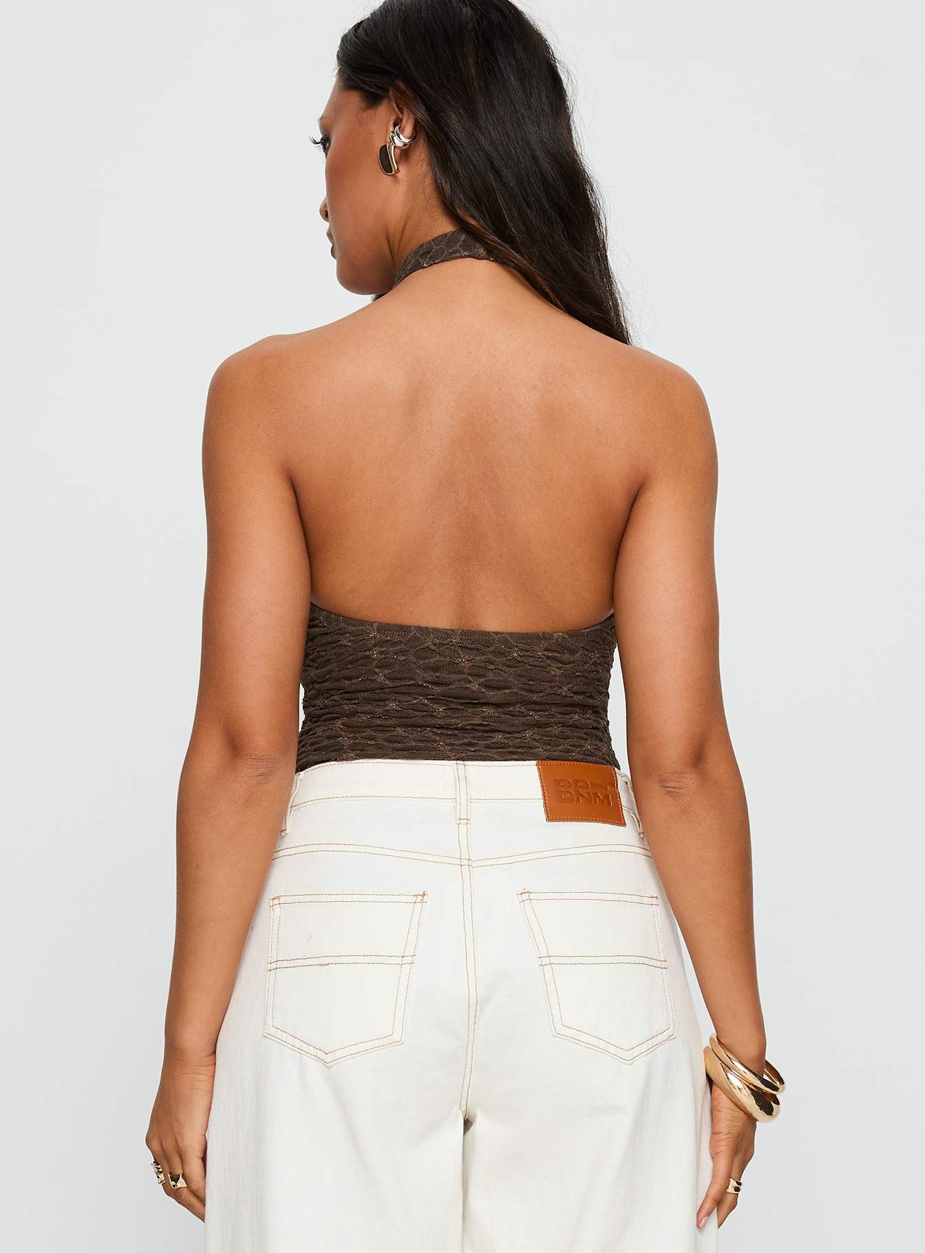 back view of model wearing Princess Polly Libbey Hardware Detail Textured Bodysuit Brown Sleeveless 