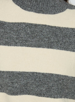 Longest Goodbye Slouchy Funnel Neck Oversized Knit Sweater Grey / Cream Stripe
