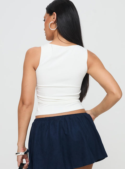 back view of model wearing Princess Polly Corcus Top White Sleeveless Asymmetric Neckline 