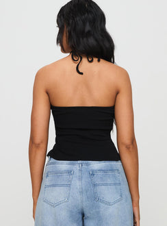 back view of model wearing Princess Polly Baseline Halter Rib Top Black Sleeveless 