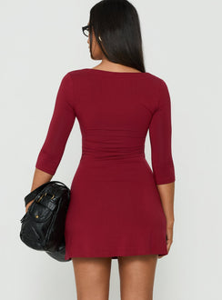 Florisa 3/4 Sleeve V Neck Mini Dress Red