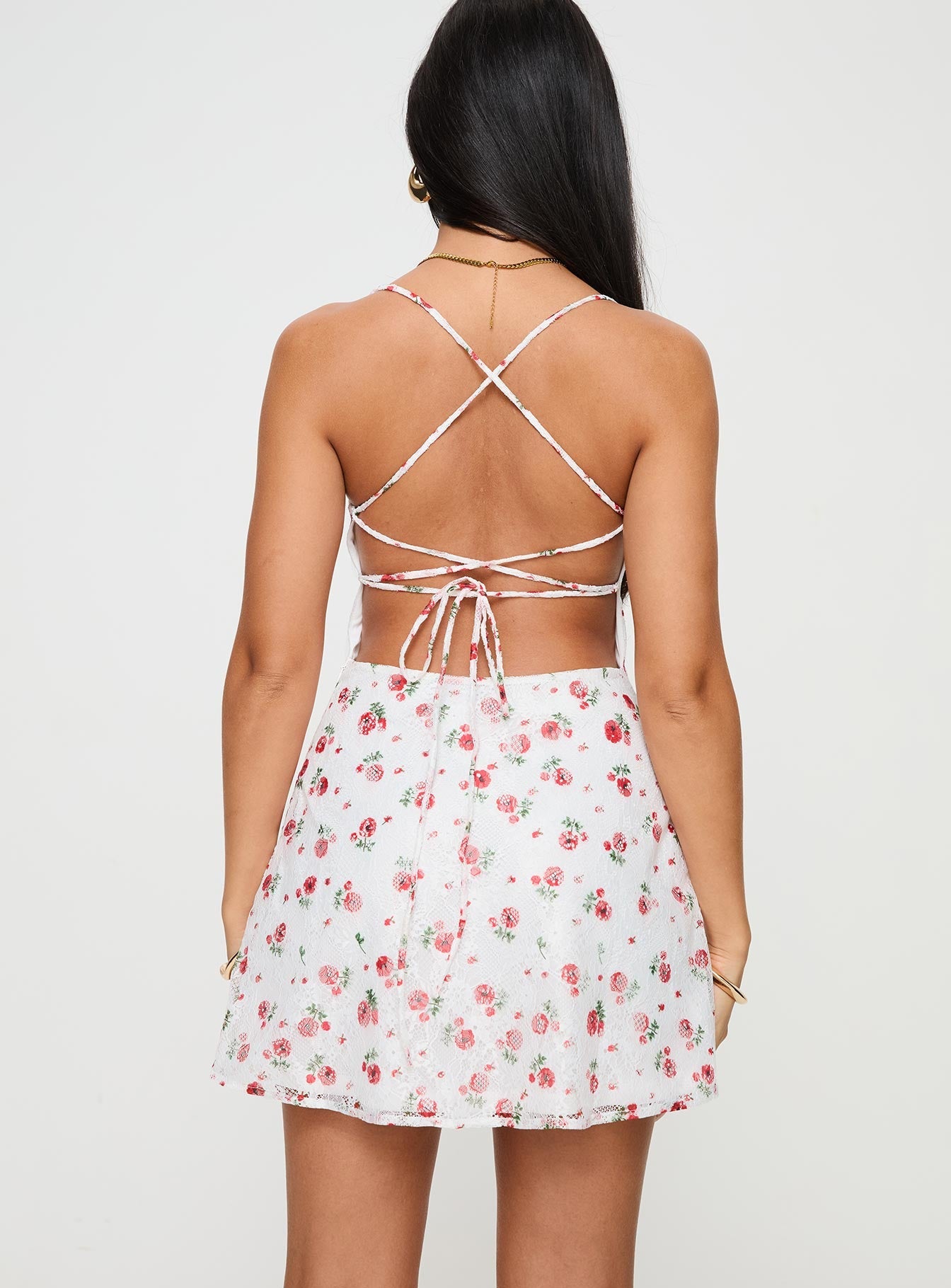 back view of model wearing Princess Polly Celena Lace Mini Dress White / Red Floral Sweetheart Neckline 