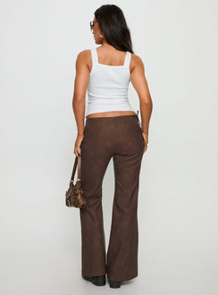 back view of model wearing Princess Polly Trickrider Tie Side Faux Leather Pants Chocolate Mid Rise Pants 
