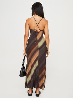 back view of model wearing Princess Polly Otillie Maxi Dress Brown Multi Petite Scoop Neck 