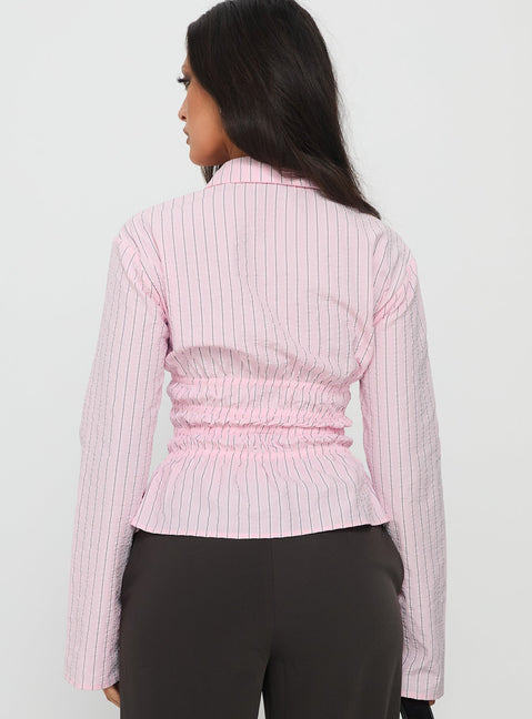 Liesel Shirred Long Sleeve Top Pink Stripe