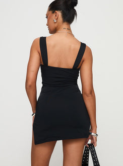 back view of model wearing Princess Polly Sheila Mini Dress Black Square Neck 