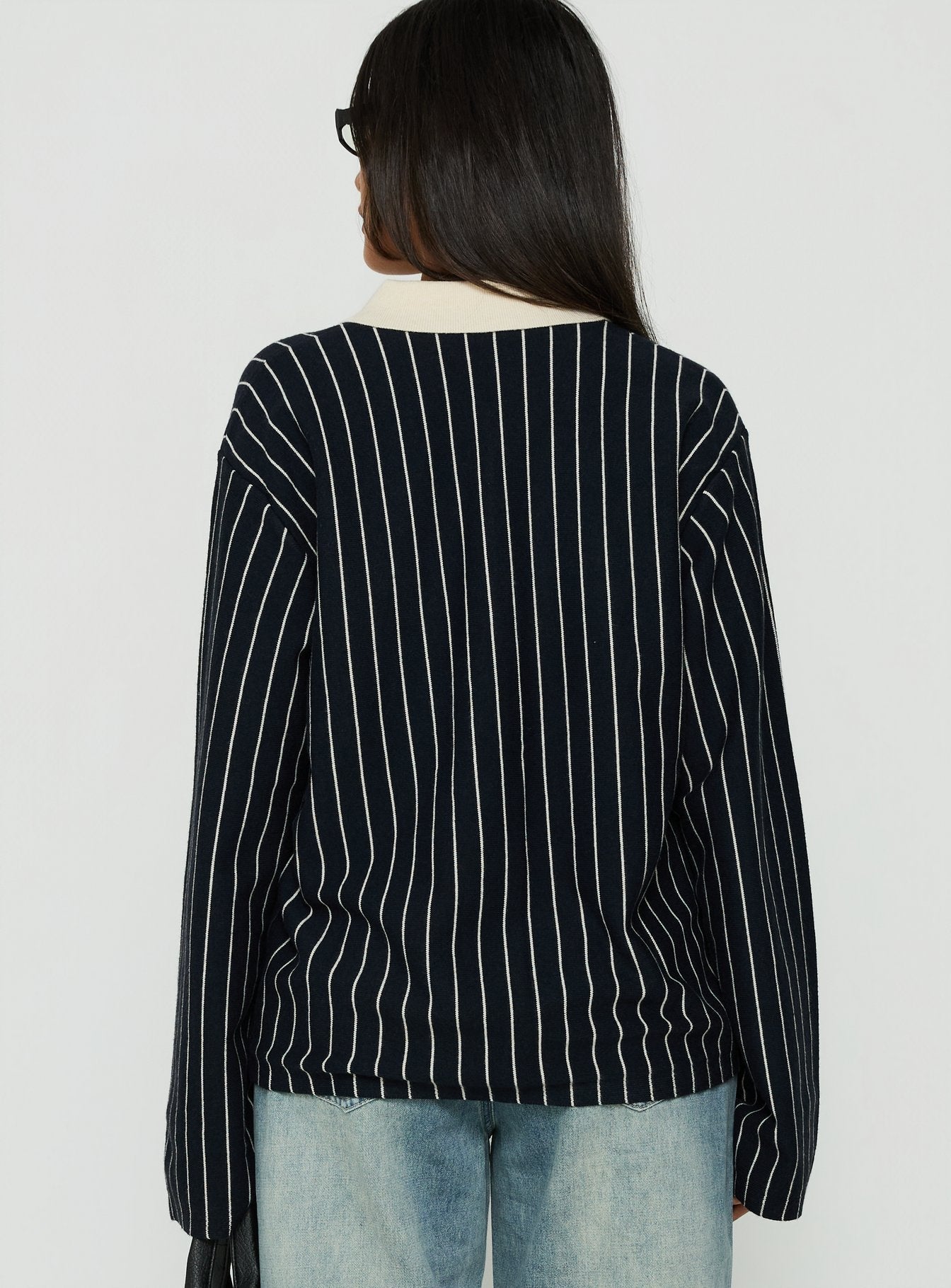 Boarders V Neck Polo Jumper Navy Stripe