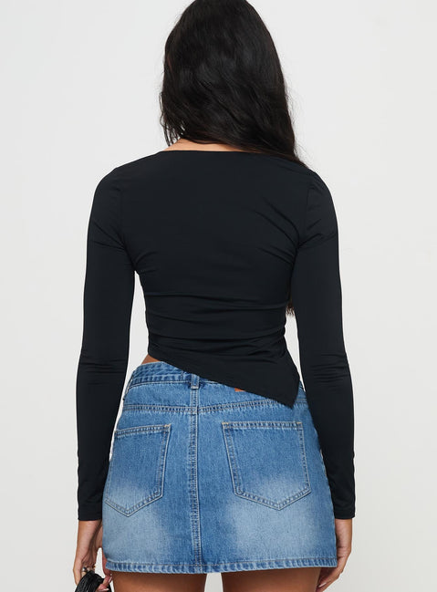 back view of model wearing Princess Polly Inca Long Sleeve Top Black Full Sleeves Square Neck 