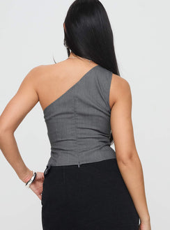 back view of model wearing Princess Polly Sayaka Top Charcoal Sleeveless Asymmetric Neckline 