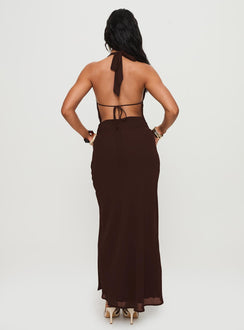 back view of model wearing Princess Polly Alejandria Cowl Neck Maxi Dress Chocolate Cowl Neck 