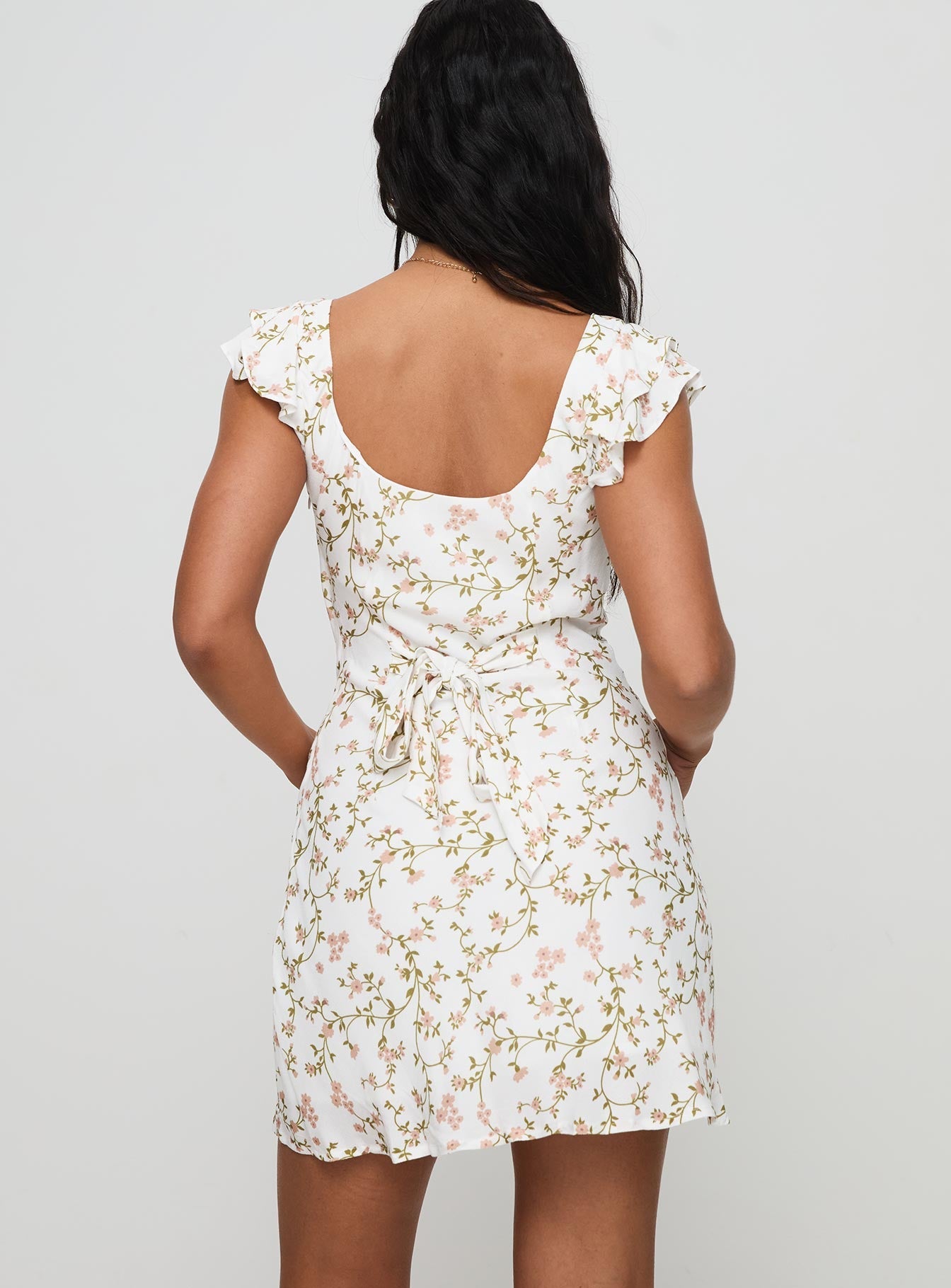 back view of model wearing Princess Polly Whitechapel Mini Dress Multi Square Neck 